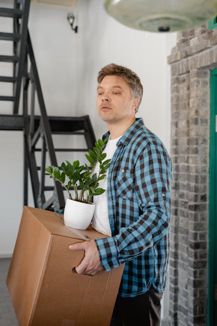 A young boy with curly brown hair, wearing a yellow plaid shirt over a white t-shirt and grey trousers, is standing on a black carpeted staircase inside a residential property. He is holding a green potted plant with large, glossy leaves in his arms, preparing to carry it upstairs during a home relocation. Next to him, there is a woman with long dark hair, dressed in a mustard-colored sweater, looking down at the boy and the plant. The staircase features a black metal railing, and the walls are painted white with decorative paneling. To the left, a window with black framing allows natural light to brighten the interior. On the right side, part of another person in a blue checkered shirt is visible, assisting with the moving process. The setting suggests an organized packing and moving operation, with furniture and boxes possibly nearby, supported by the professional moving services offered by Man with Van Clerkenwell, specializing in removals and furniture transport.