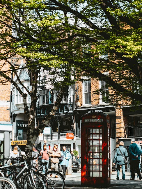 A busy street scene in Clerkenwell showing people walking on the sidewalk beneath a large leafy tree with green foliage. In the foreground, there is a classic red telephone box with the sign 'TELEPHONE' above its glass-paneled door. To the left, a row of bicycles is parked along a bike rack. Behind the pedestrians, there are buildings with brick facades, featuring storefronts and residential balconies, including a sign for a café or bar and a coffee shop. The street is filled with pedestrians dressed in casual clothing, some waiting at a bus stop or crossing the sidewalk. Equipment such as moving blankets, boxes, and wrapping materials is not visible in this scene, indicating it is an external urban environment rather than a home interior. This image depicts an active urban area suitable for considering house removals or furniture transport services, with natural light filtering through the tree's branches. Man with Van Clerkenwell specializes in house removals and relocation services, supporting efficient packing and transport logistics in this vibrant setting.