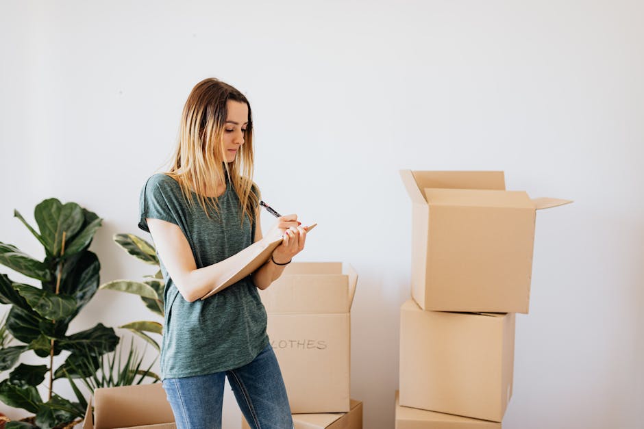 A man wearing a yellow t-shirt and a black wristwatch stands indoors next to several open cardboard boxes and stacked moving boxes, holding and writing on a clipboard, during a home relocation process