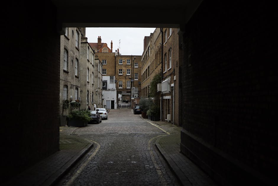 View looking out from under an archway onto a narrow cobblestone street lined with multi-storey Victorian-style brick buildings. Several parked cars are visible along the sides of the street, which features potted plants and small trees on the pavements. The scene is lit by natural daylight, creating a scene representative of urban residential street scenes typical of Clerkenwell. This setting may relate to house removals or moving services provided by Man with Van Clerkenwell, with potential for furniture transport or home relocation activities occurring nearby or within this area.
