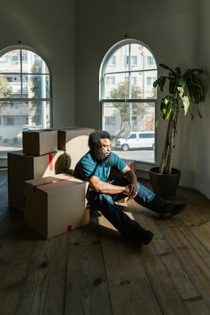 A man with curly hair and a beard, wearing a blue t-shirt and dark trousers, sitting on a wooden floor inside a room with natural light coming through two large arched windows. Behind him are several cardboard boxes, some sealed with red packing tape, indicating a packing stage of a home relocation or moving process. To his right, there is a tall potted plant with broad green leaves. The room has a minimalist appearance with plain white walls and simple window frames, and the scene appears to be part of an interior packing or moving setup. This image reflects the aspects of furniture transport and packing involved in house removals, as handled by companies like Man with Van Clerkenwell, especially in the context of urgent tenancy moves in Clerkenwell.